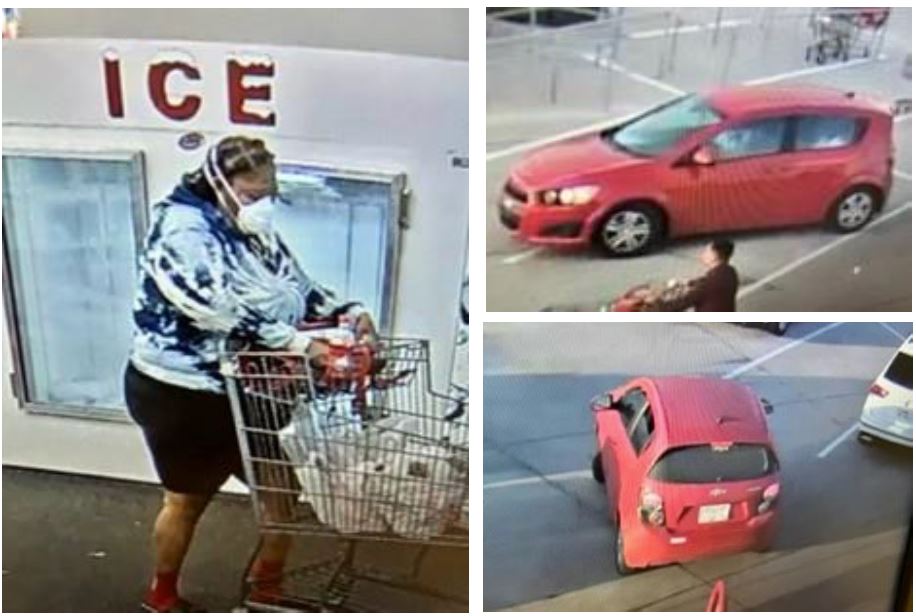 Collage. Left photo is of suspect dressed in a blue tie-die sweatshirt and dark colored shorts pushing a grocery cart in front of a Leer Ice Merchandiser. Right 2 photos are of suspect's red hatchback with paper tags in parking lot.
